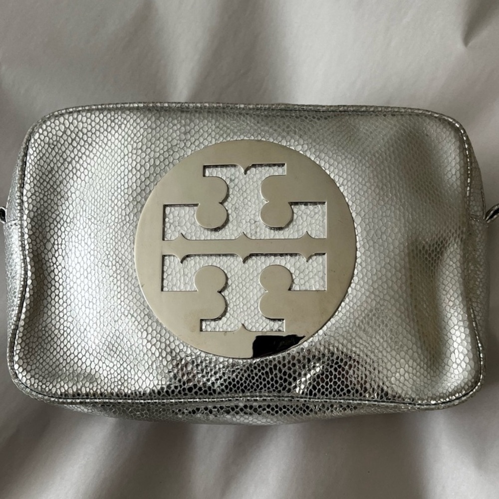 Tory Burch Silver Snakeskin Embossed Cosmetic Bag